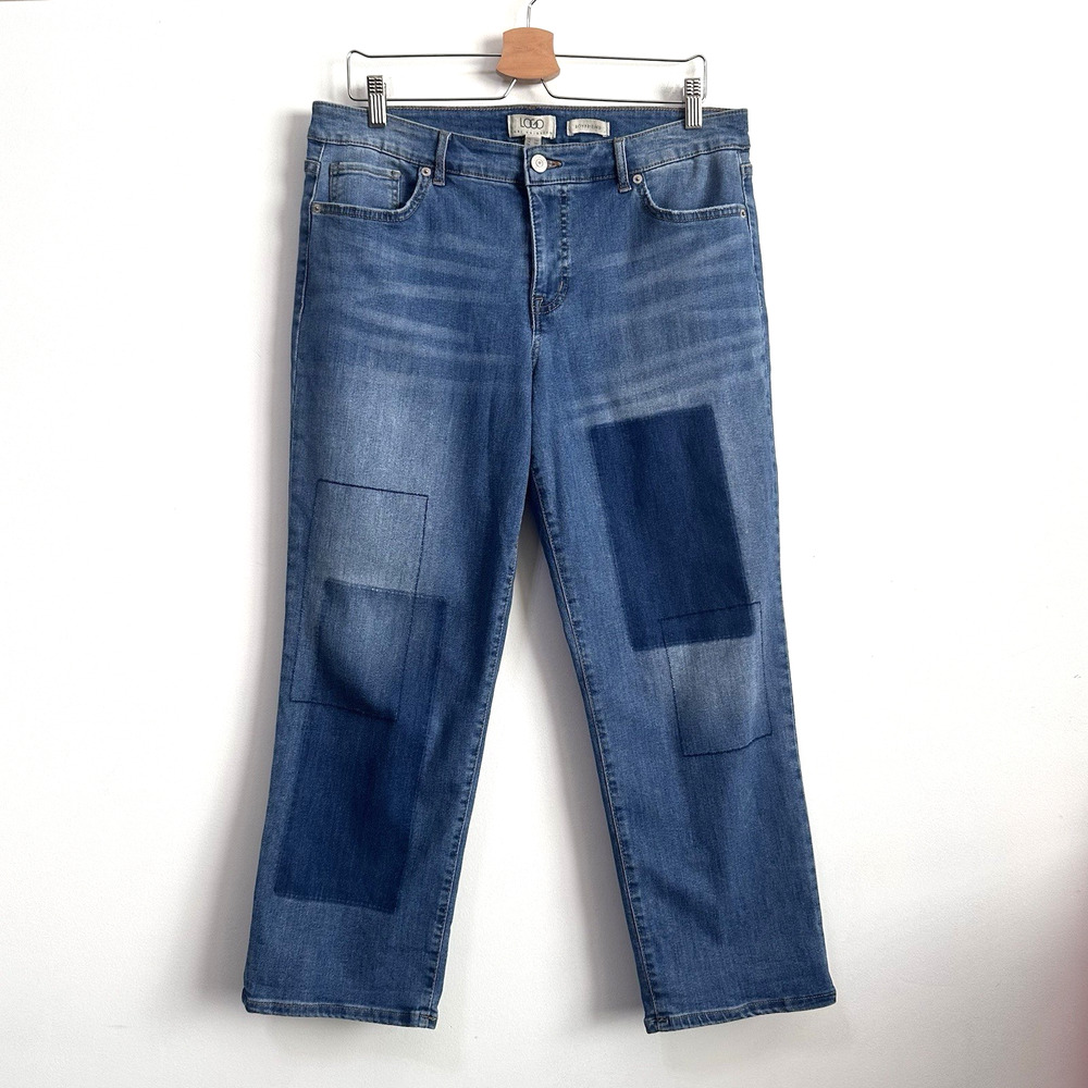 LOGO Lori Goldstein Shadow Patch Boyfriend Jeans 14 Petite Blue‎ 34 x 26 Crop